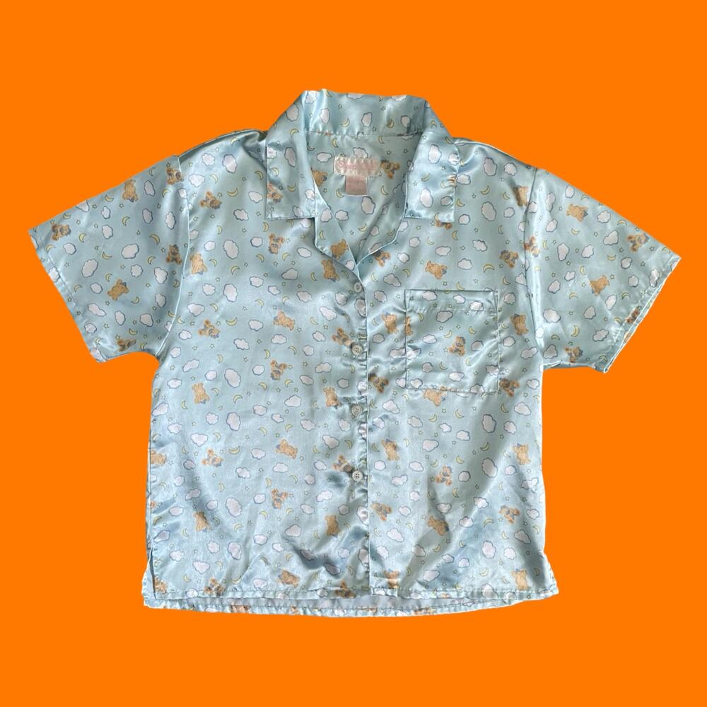 90's 00's vintage satin teddy bear celestial boxy y2k pajama top SMALL